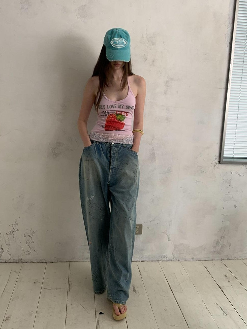 UNIVERSE Cool Pink Strawberry Print Lace Hem Women's Cotton Halter Tops
