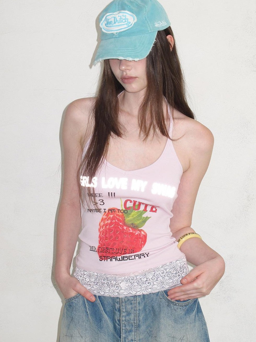 UNIVERSE Cool Pink Strawberry Print Lace Hem Women's Cotton Halter Tops