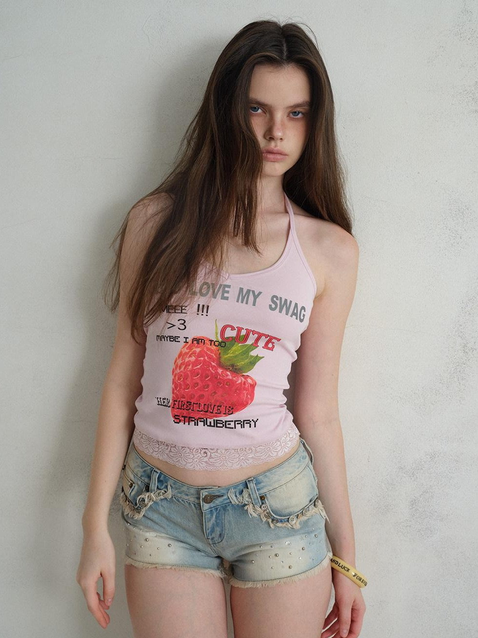 UNIVERSE Cool Pink Strawberry Print Lace Hem Women's Cotton Halter Tops