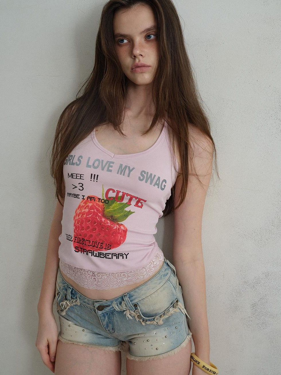 UNIVERSE Cool Pink Strawberry Print Lace Hem Women's Cotton Halter Tops