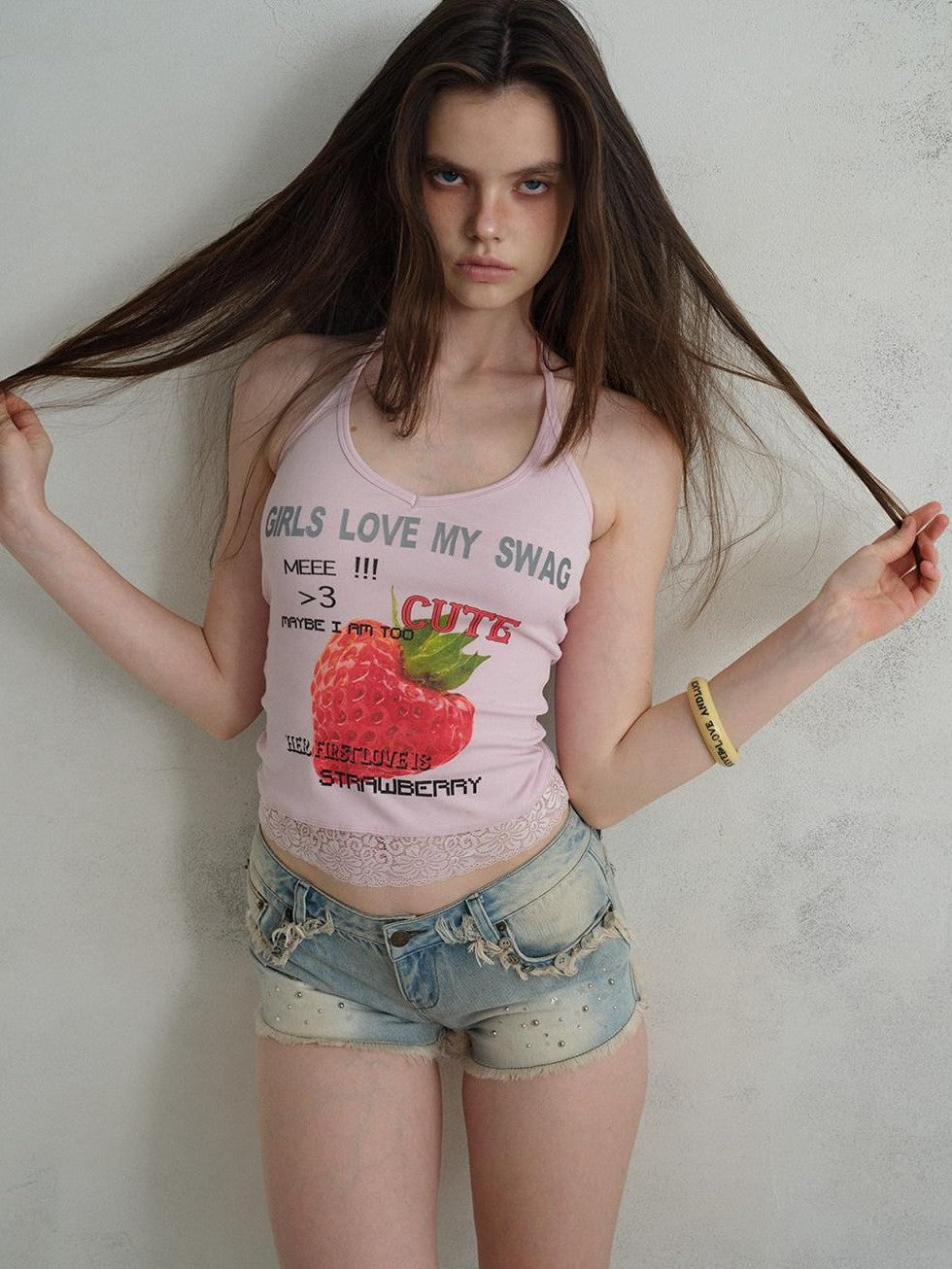 UNIVERSE Cool Pink Strawberry Print Lace Hem Women's Cotton Halter Tops