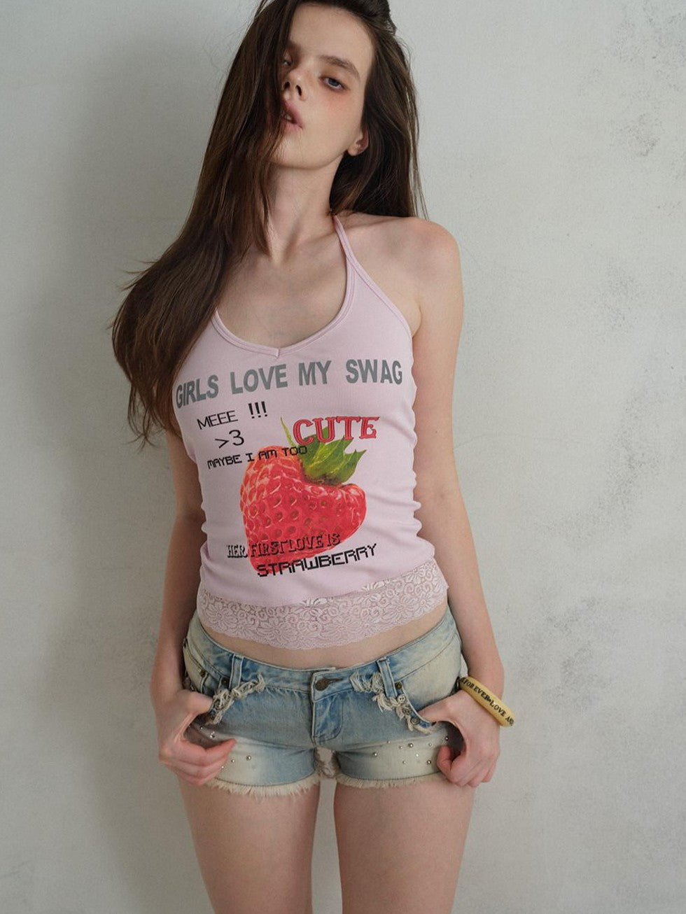 UNIVERSE Cool Pink Strawberry Print Lace Hem Women's Cotton Halter Tops