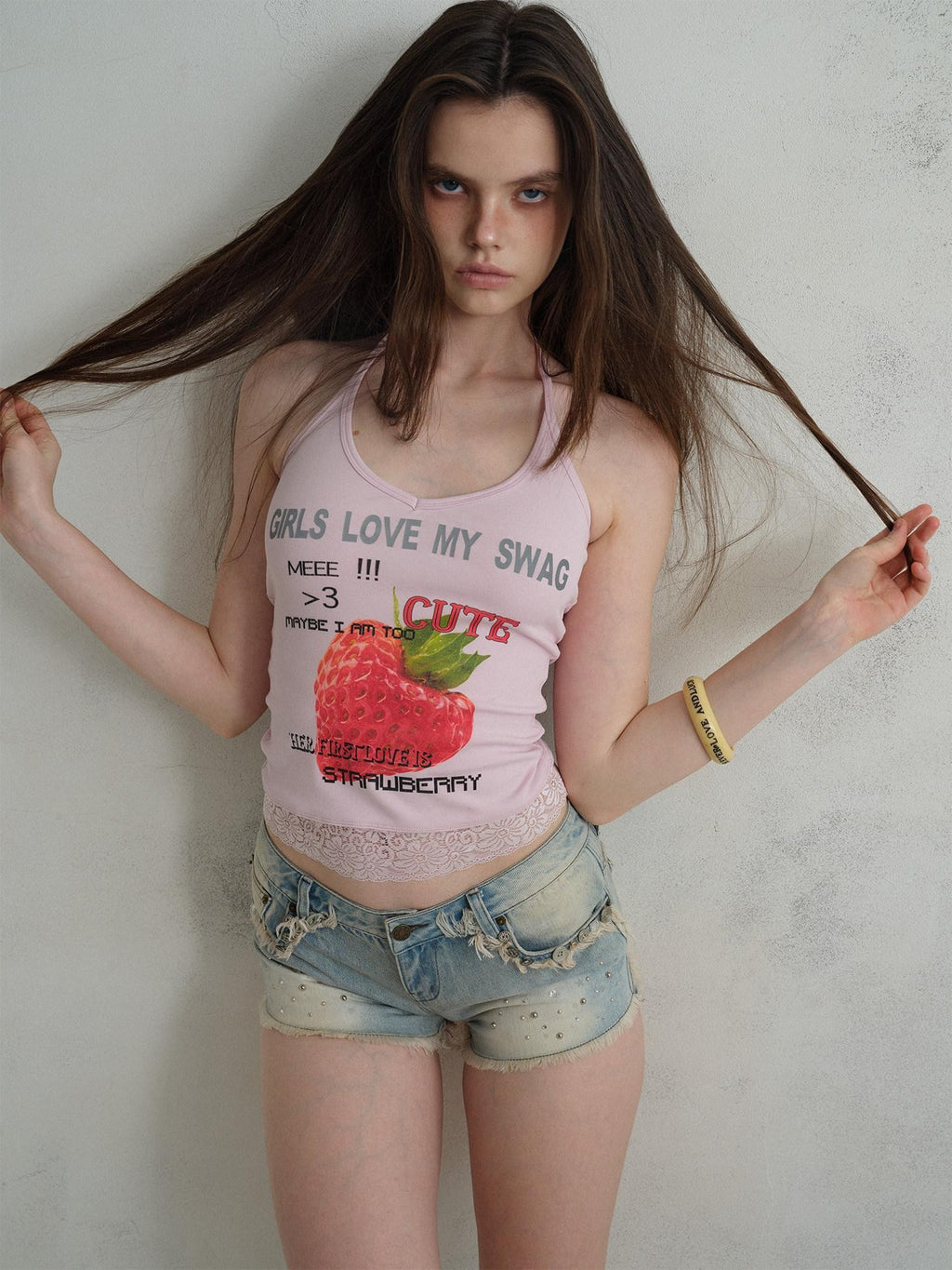 UNIVERSE Cool Pink Strawberry Print Lace Hem Women's Cotton Halter Tops