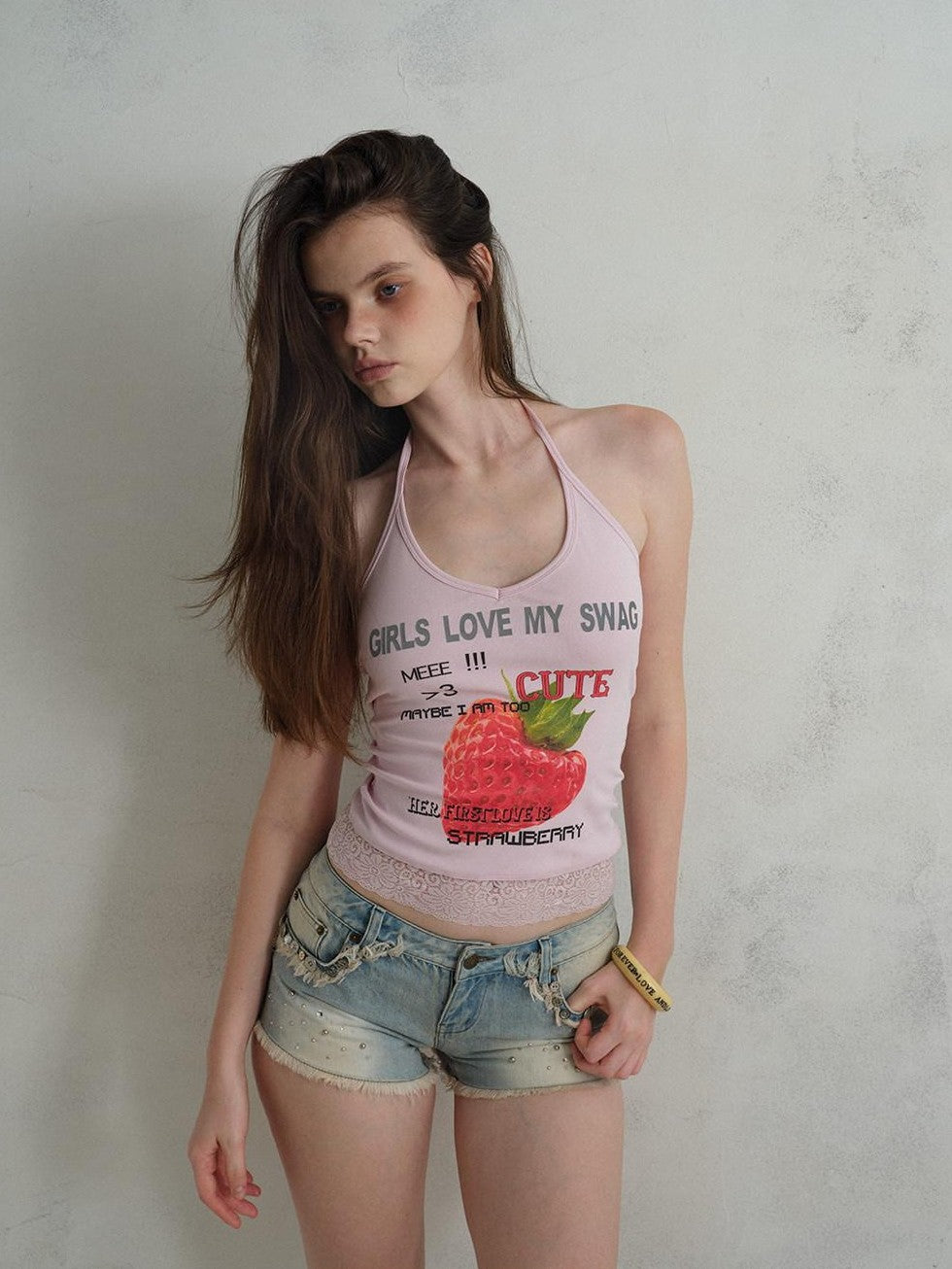 UNIVERSE Cool Pink Strawberry Print Lace Hem Women's Cotton Halter Tops