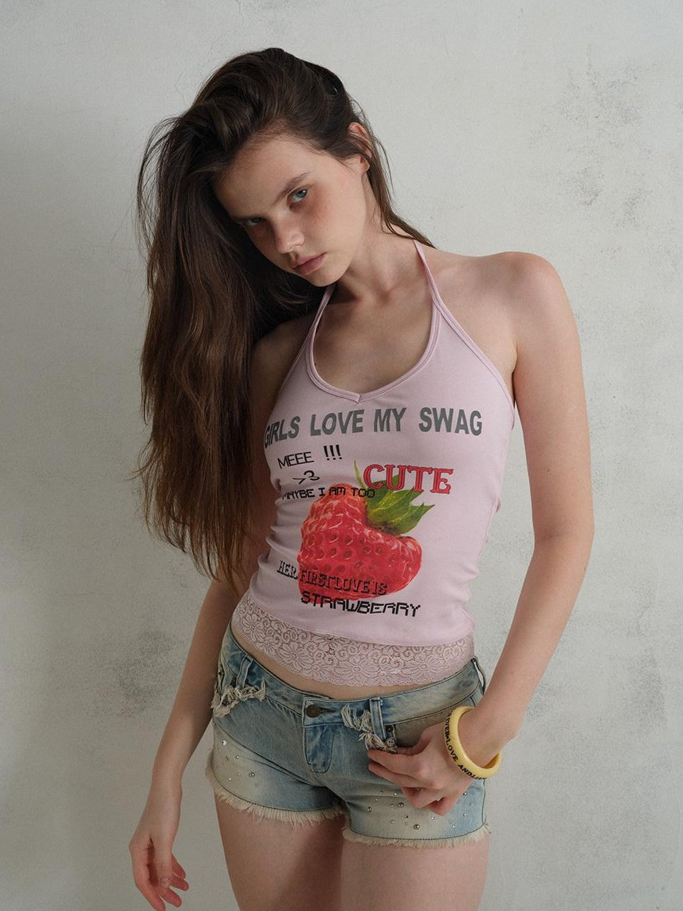 UNIVERSE Cool Pink Strawberry Print Lace Hem Women's Cotton Halter Tops