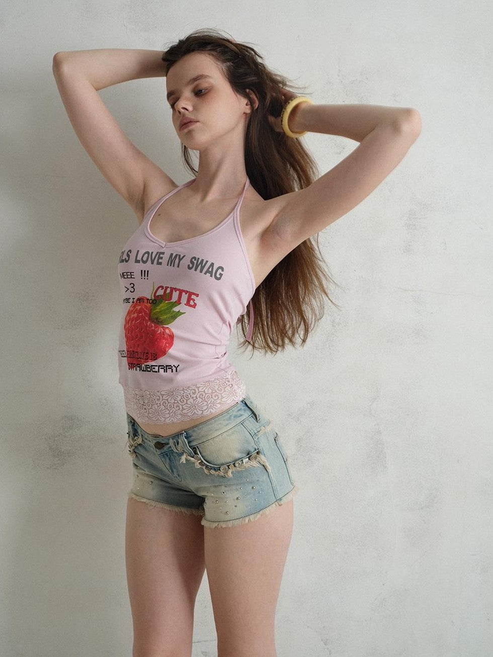 UNIVERSE Cool Pink Strawberry Print Lace Hem Women's Cotton Halter Tops