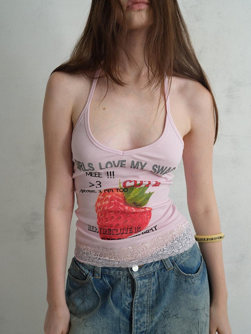 UNIVERSE Cool Pink Strawberry Print Lace Hem Women's Cotton Halter Tops
