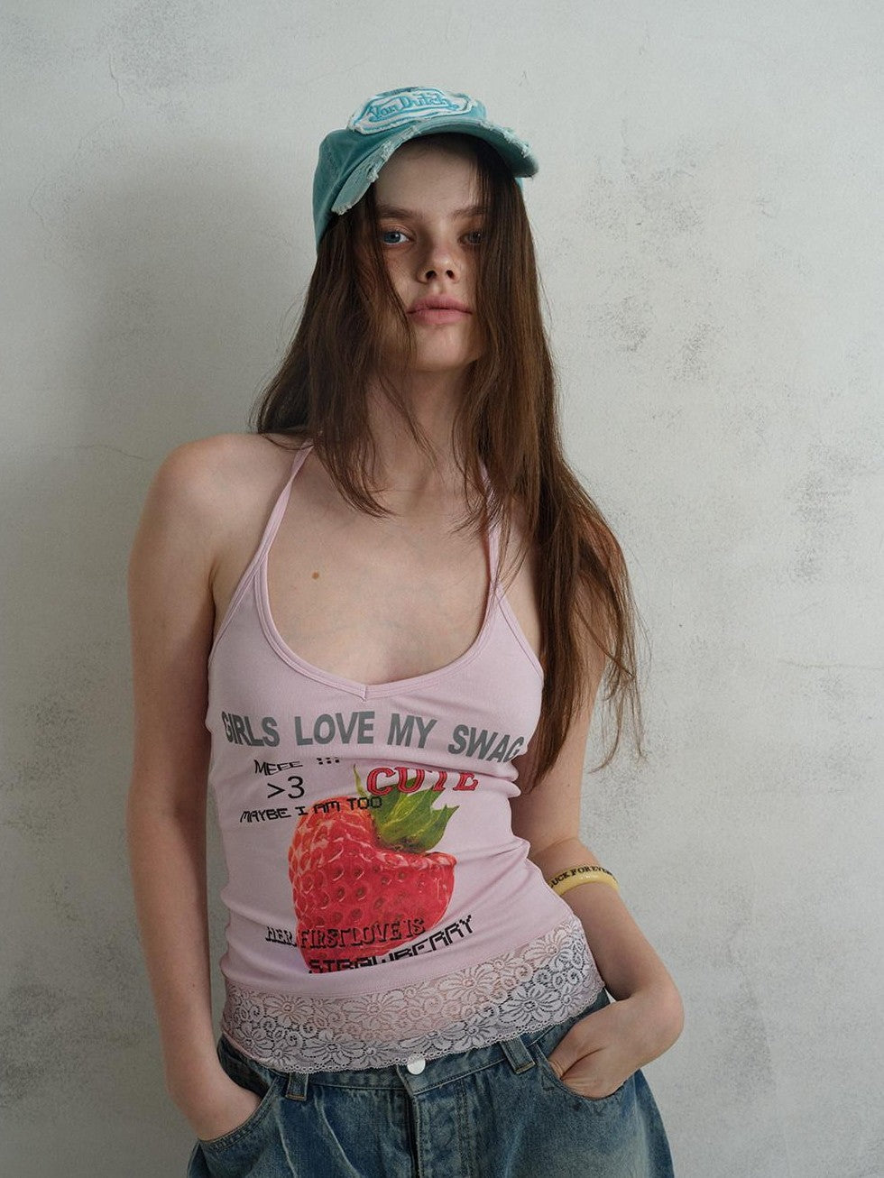UNIVERSE Cool Pink Strawberry Print Lace Hem Women's Cotton Halter Tops