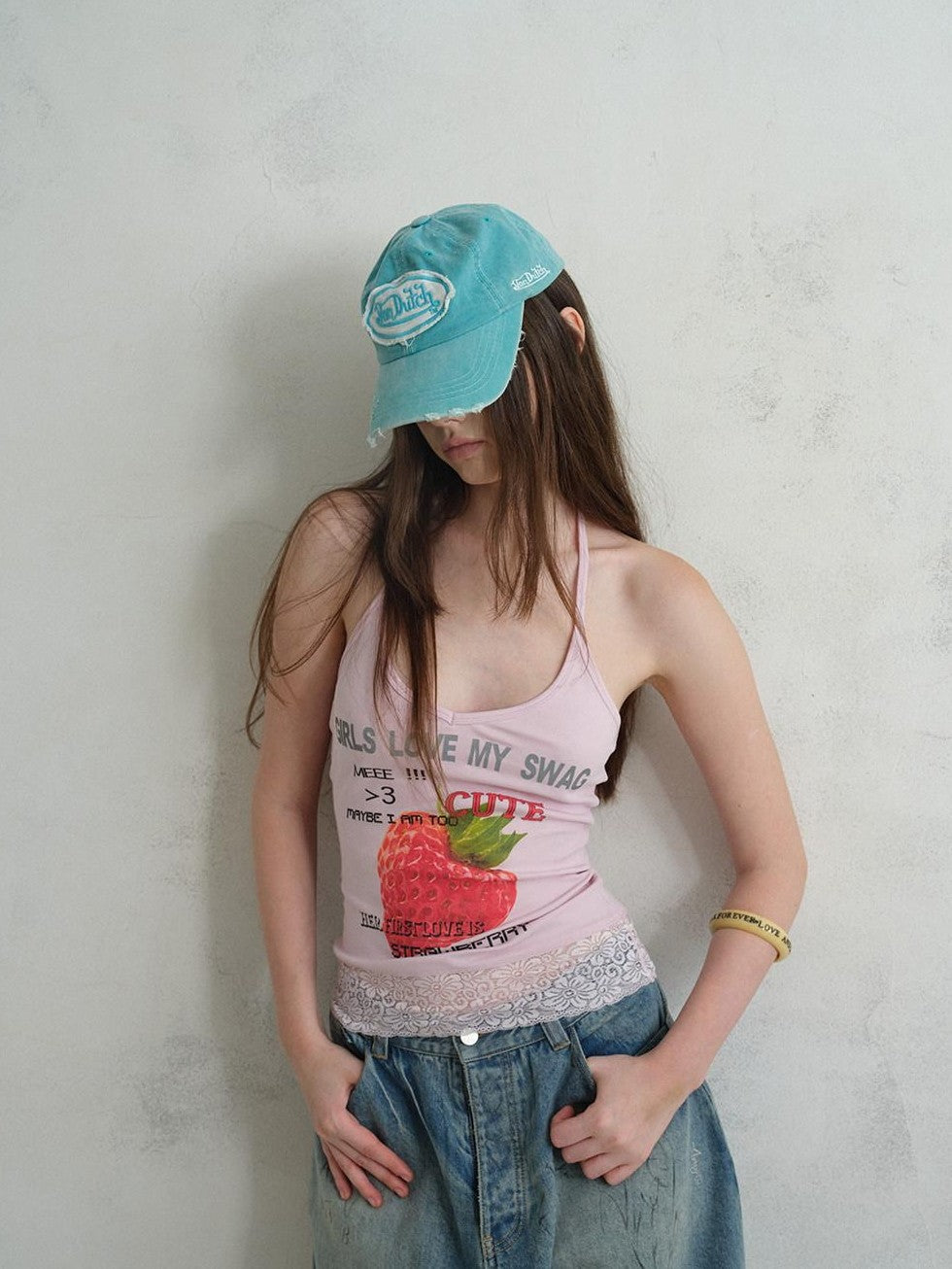UNIVERSE Cool Pink Strawberry Print Lace Hem Women's Cotton Halter Tops