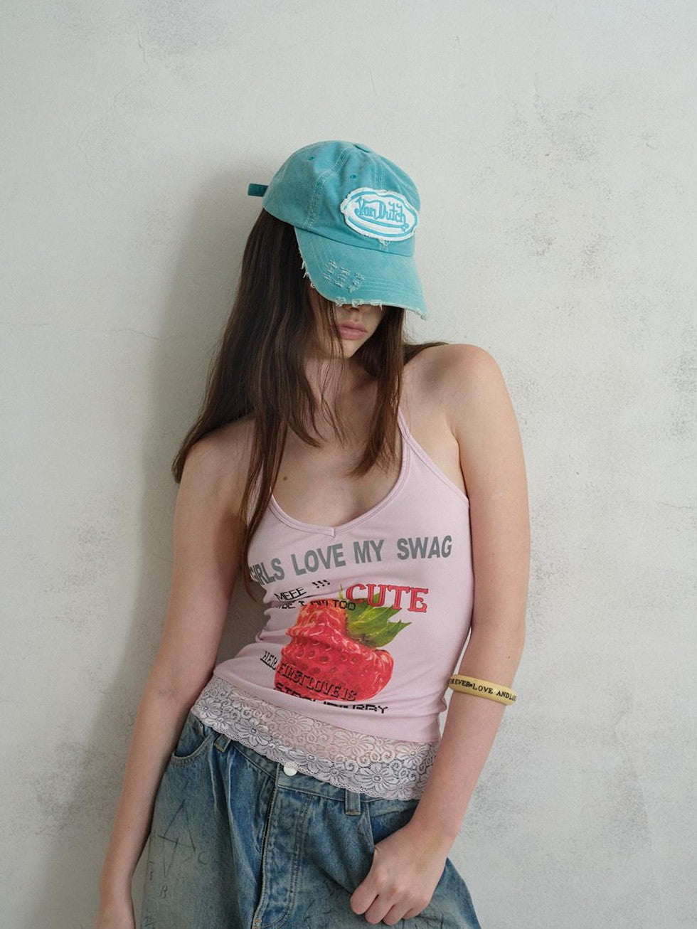 UNIVERSE Cool Pink Strawberry Print Lace Hem Women's Cotton Halter Tops