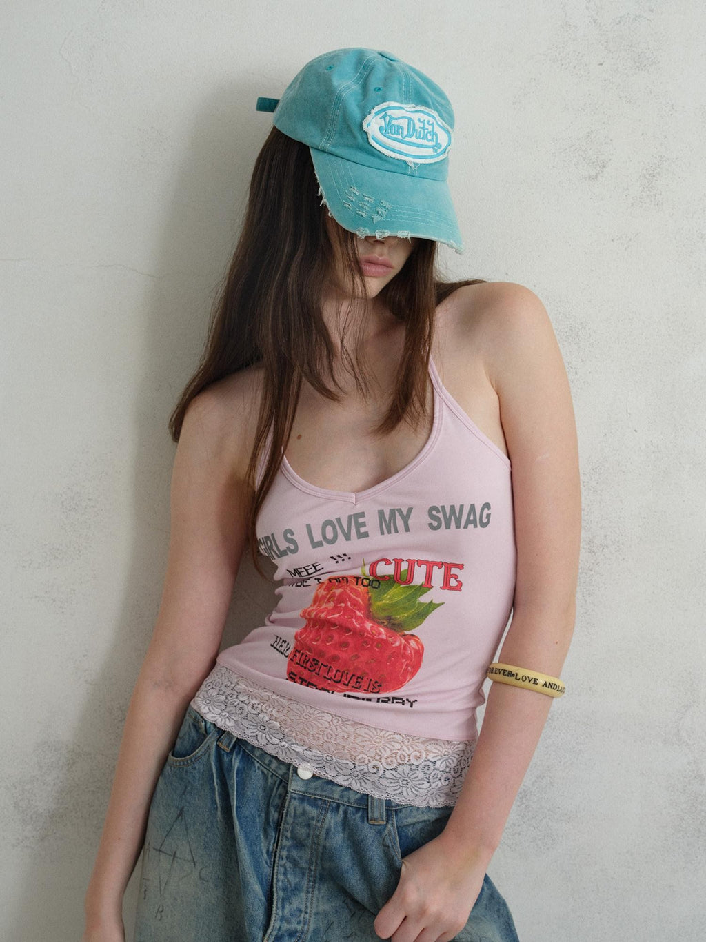 UNIVERSE Cool Pink Strawberry Print Lace Hem Women's Cotton Halter Tops