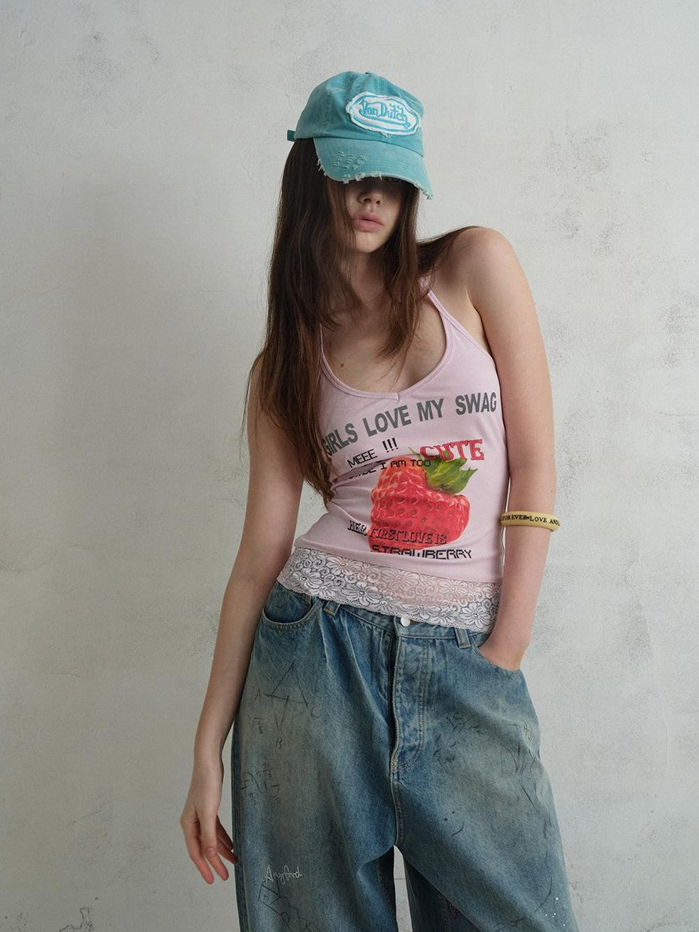 UNIVERSE Cool Pink Strawberry Print Lace Hem Women's Cotton Halter Tops