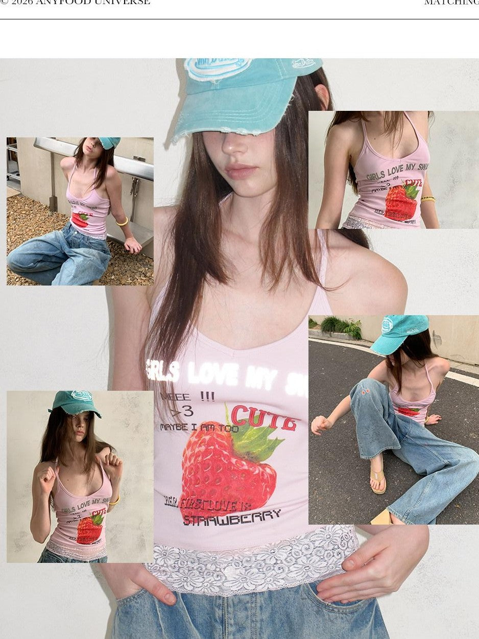 UNIVERSE Cool Pink Strawberry Print Lace Hem Women's Cotton Halter Tops