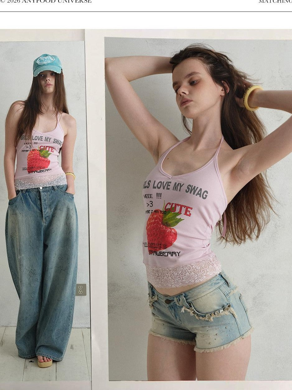 UNIVERSE Cool Pink Strawberry Print Lace Hem Women's Cotton Halter Tops