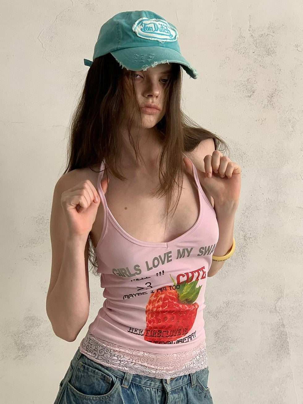 UNIVERSE Cool Pink Strawberry Print Lace Hem Women's Cotton Halter Tops