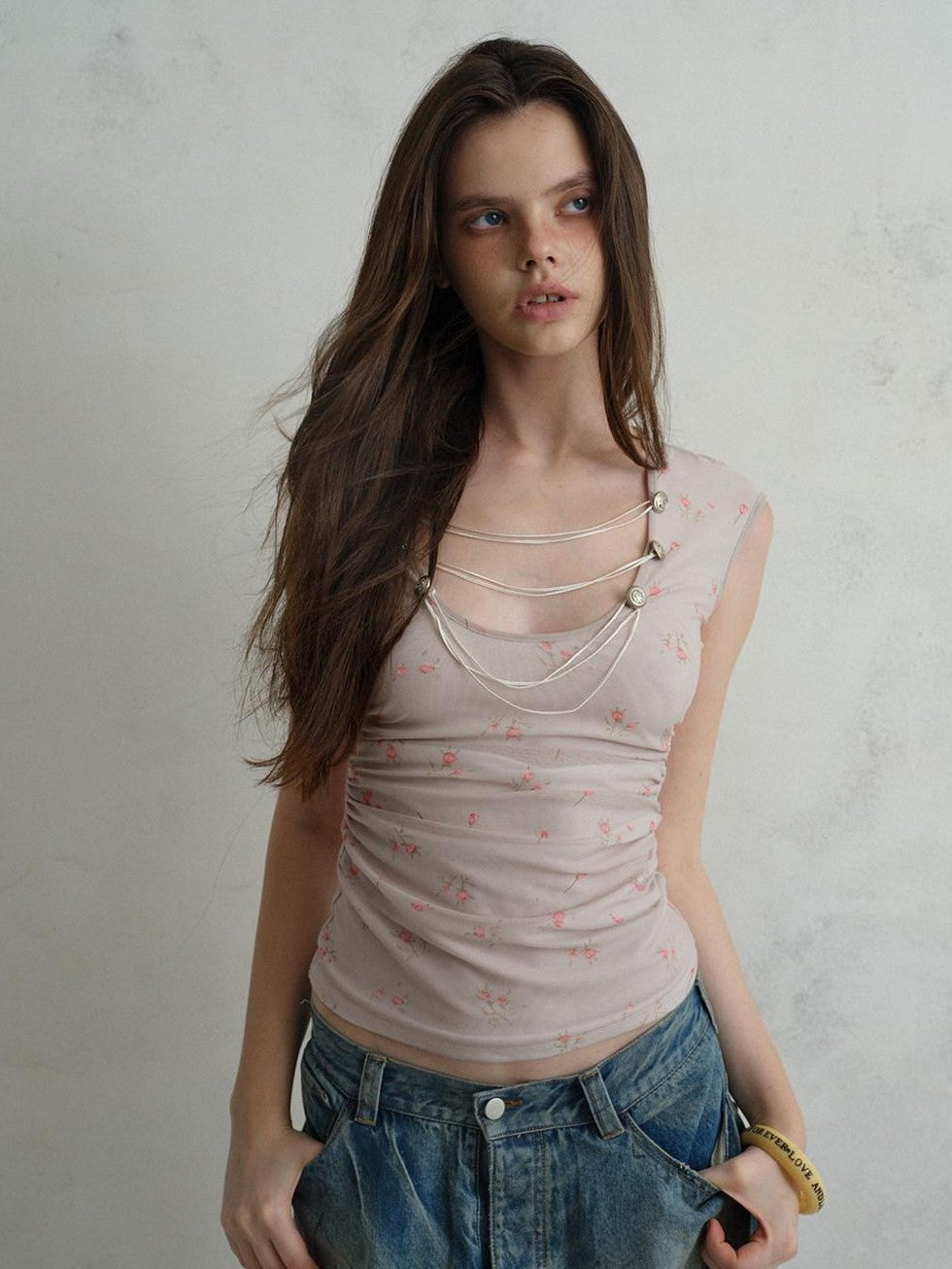 UNIVERSE Court U Neck Floral Tie Waist Slim Cropped Women's Lyocell Short Sleeve T-shirts