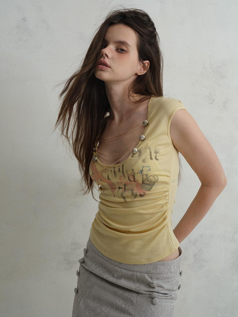 UNIVERSE Court U Neck Floral Tie Waist Slim Cropped Women's Lyocell Short Sleeve T-shirts