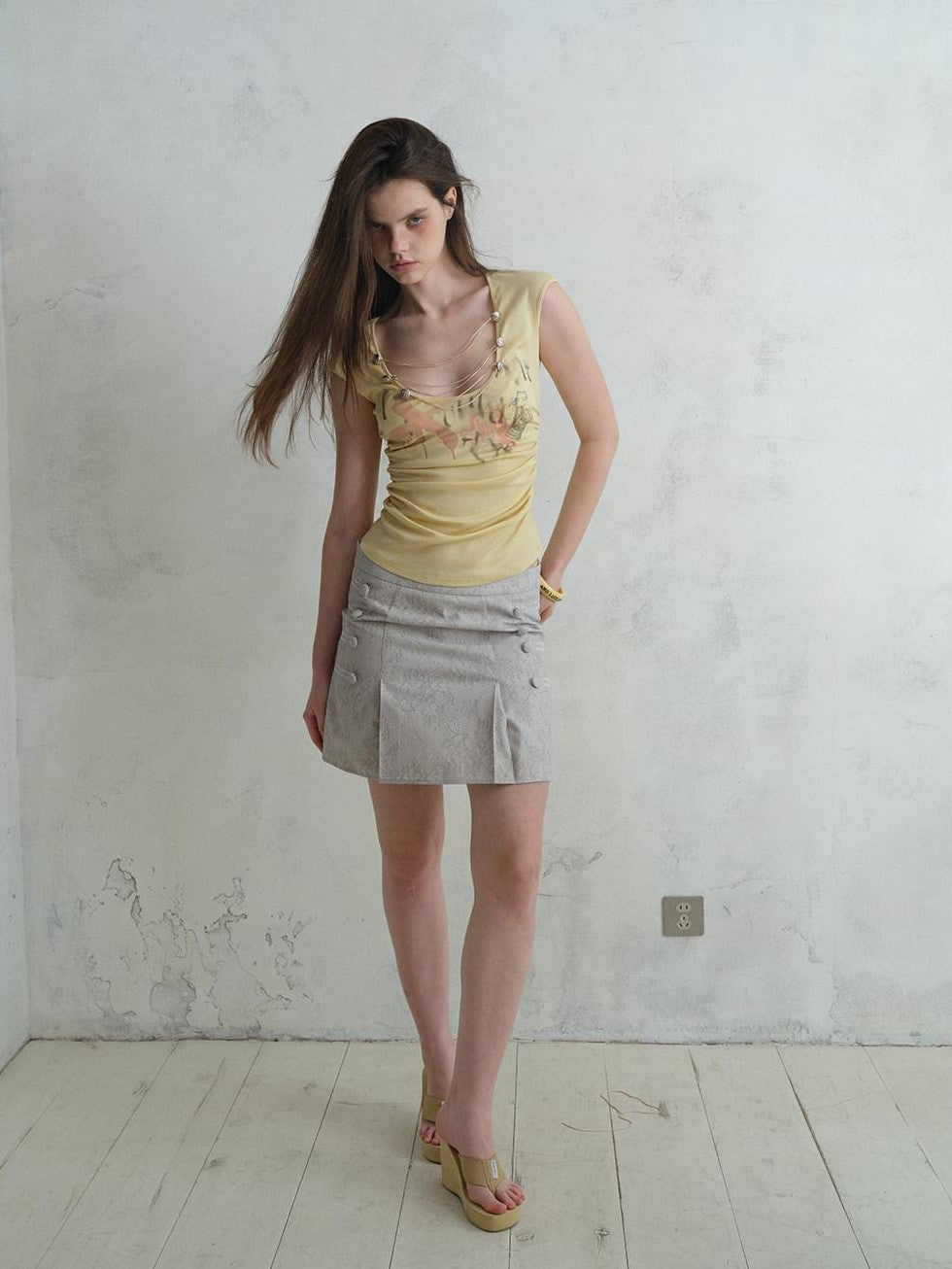 UNIVERSE Court U Neck Floral Tie Waist Slim Cropped Women's Lyocell Short Sleeve T-shirts