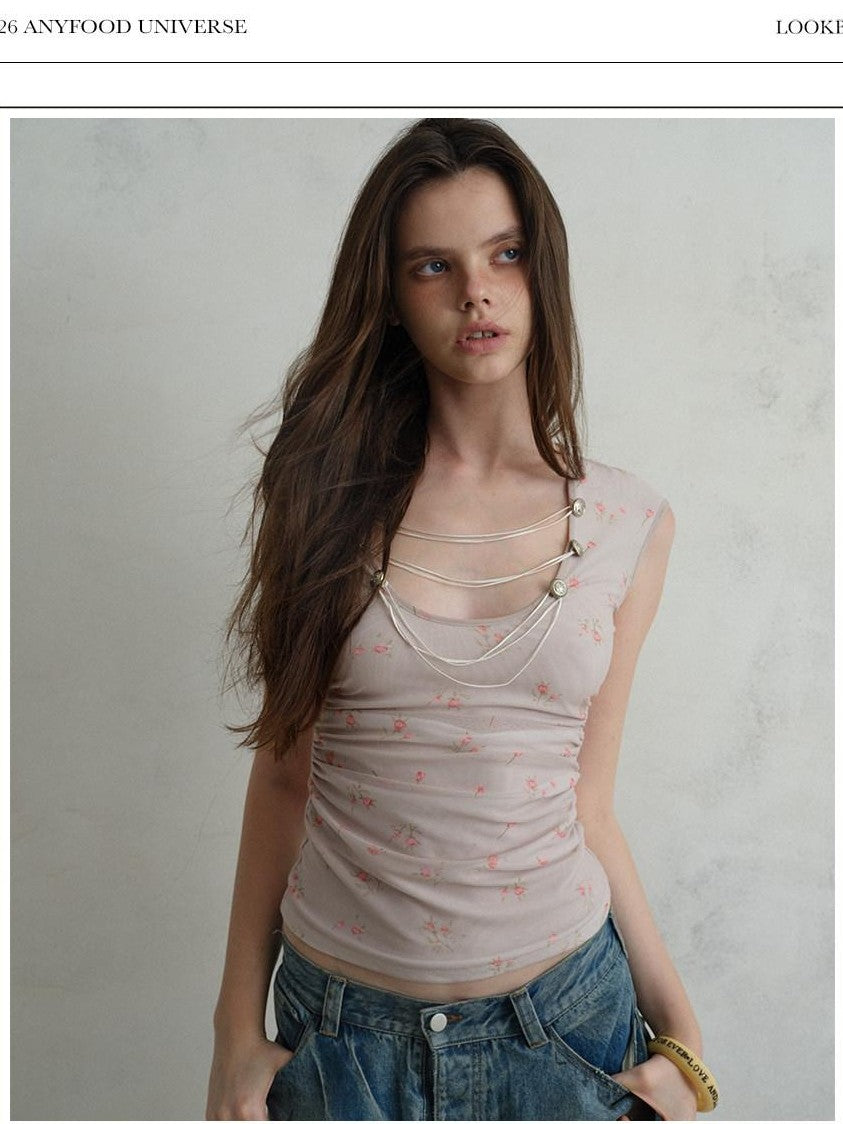 UNIVERSE Court U Neck Floral Tie Waist Slim Cropped Women's Lyocell Short Sleeve T-shirts
