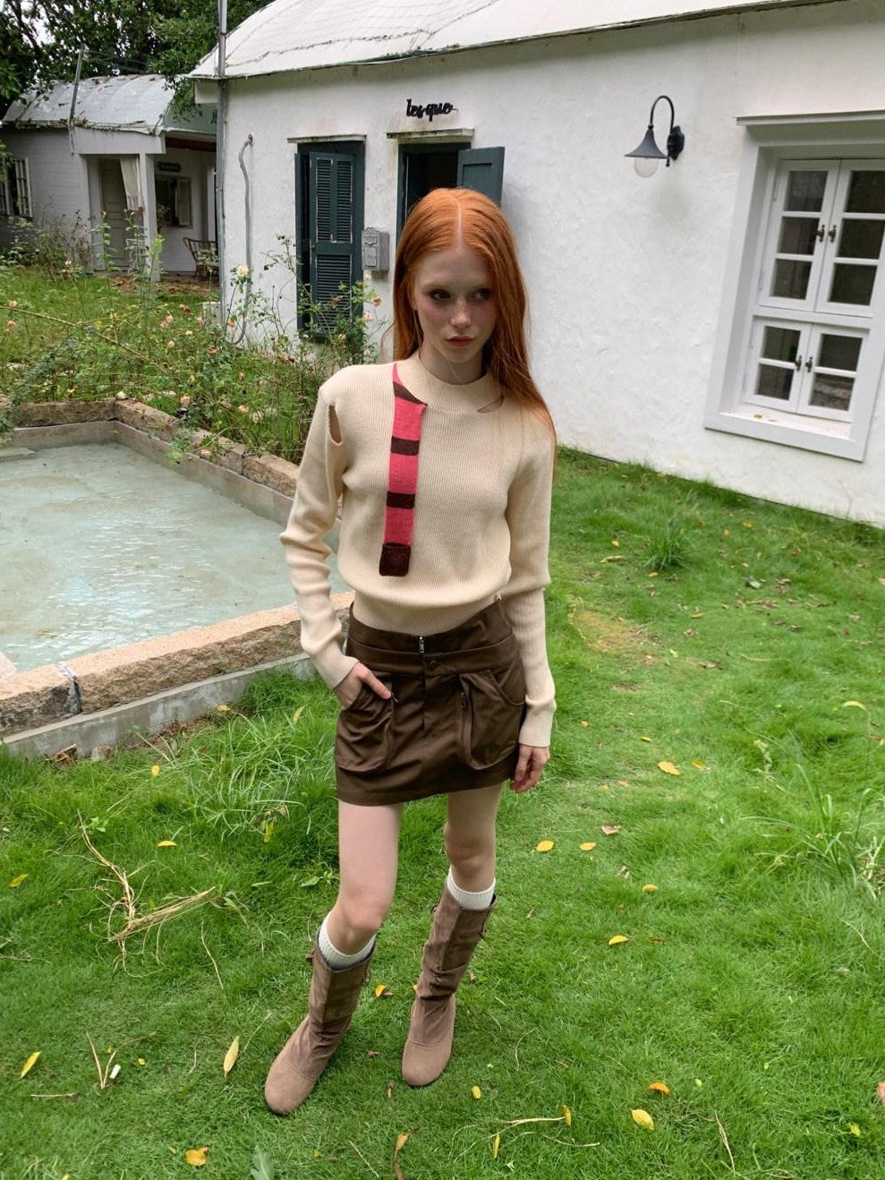 UNIVERSE Cream Scarf Trim Cutout Patchwork Women's Acrylic Pullover Sweaters