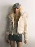 UNIVERSE Cropped Pompom Fur Trim Slim Detachable Hood Women's White Duck Down Down Jackets