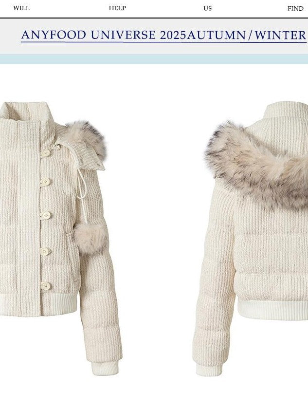UNIVERSE Cropped Pompom Fur Trim Slim Detachable Hood Women's White Duck Down Down Jackets