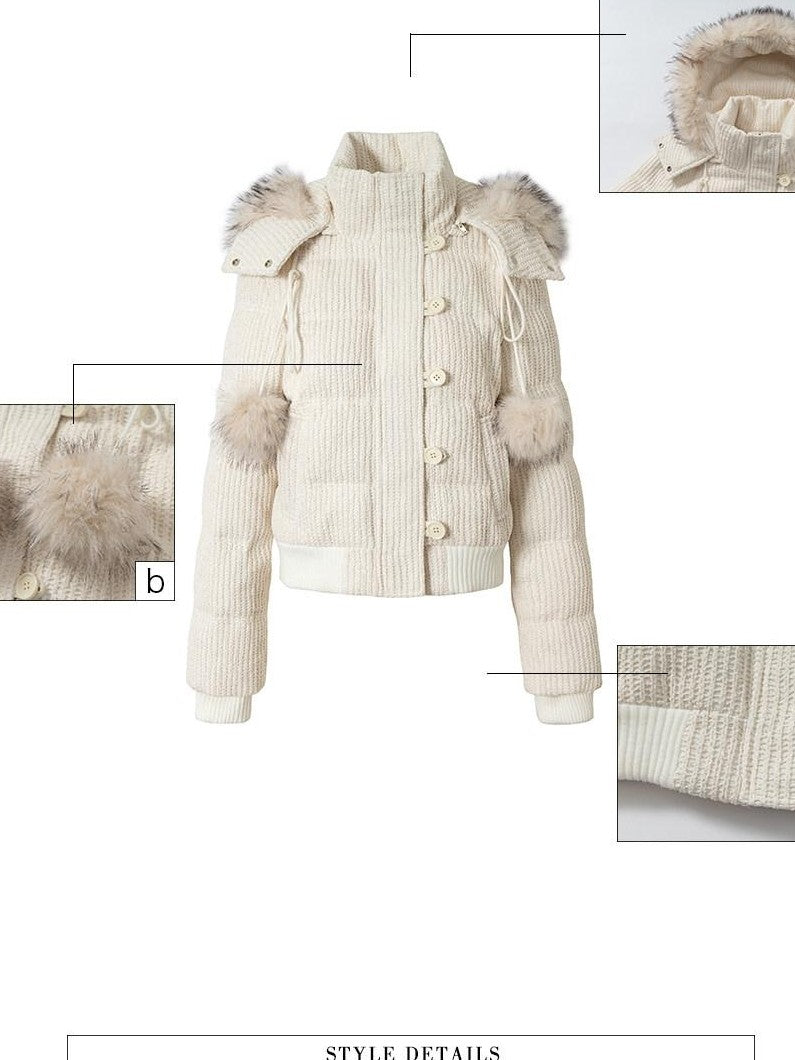 UNIVERSE Cropped Pompom Fur Trim Slim Detachable Hood Women's White Duck Down Down Jackets