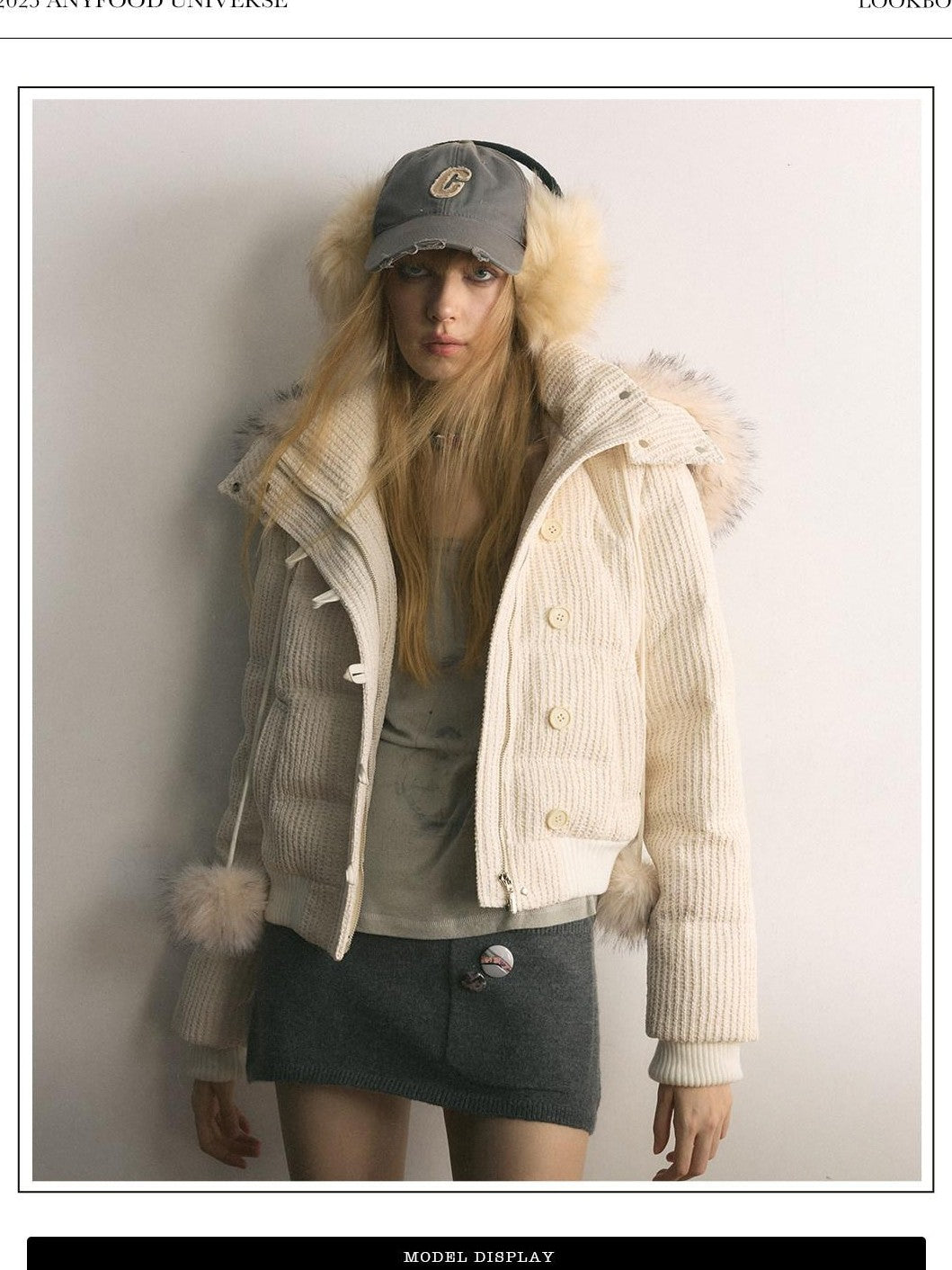 UNIVERSE Cropped Pompom Fur Trim Slim Detachable Hood Women's White Duck Down Down Jackets
