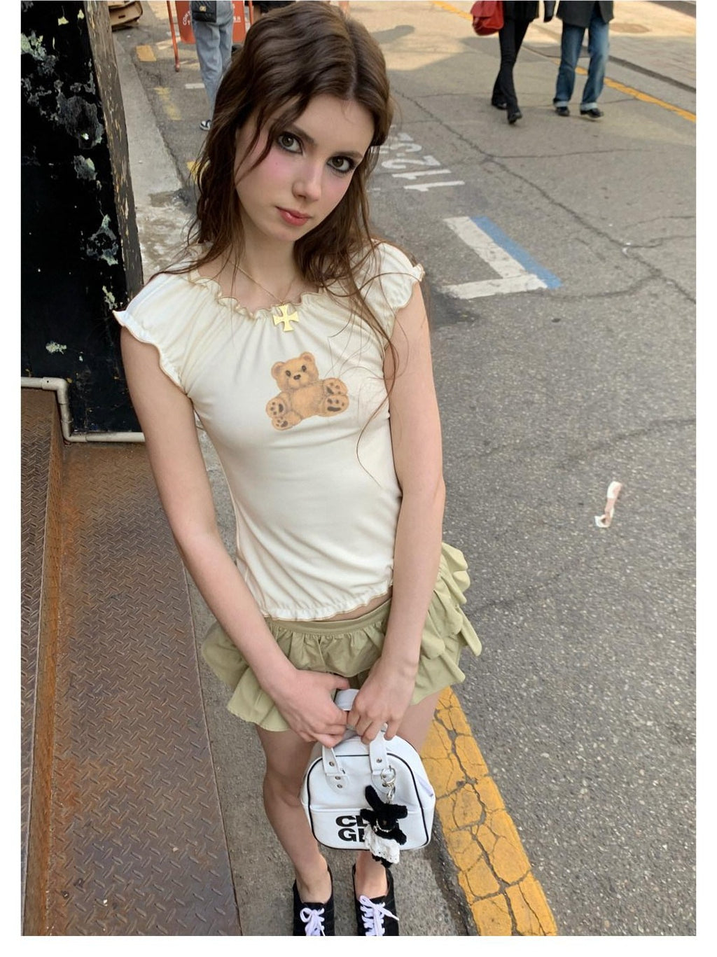 UNIVERSE Cute Bear Cross Print Slim Fit Women's Viscose Blend Short Sleeve T-shirts