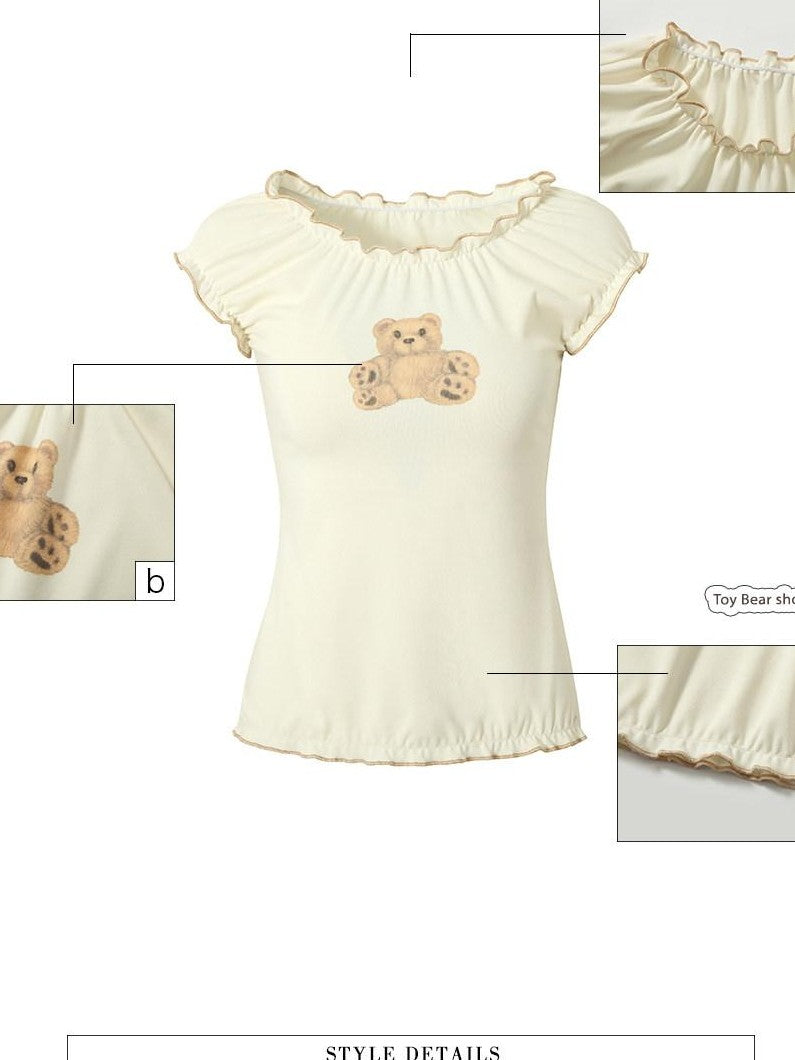 UNIVERSE Cute Bear Cross Print Slim Fit Women's Viscose Blend Short Sleeve T-shirts