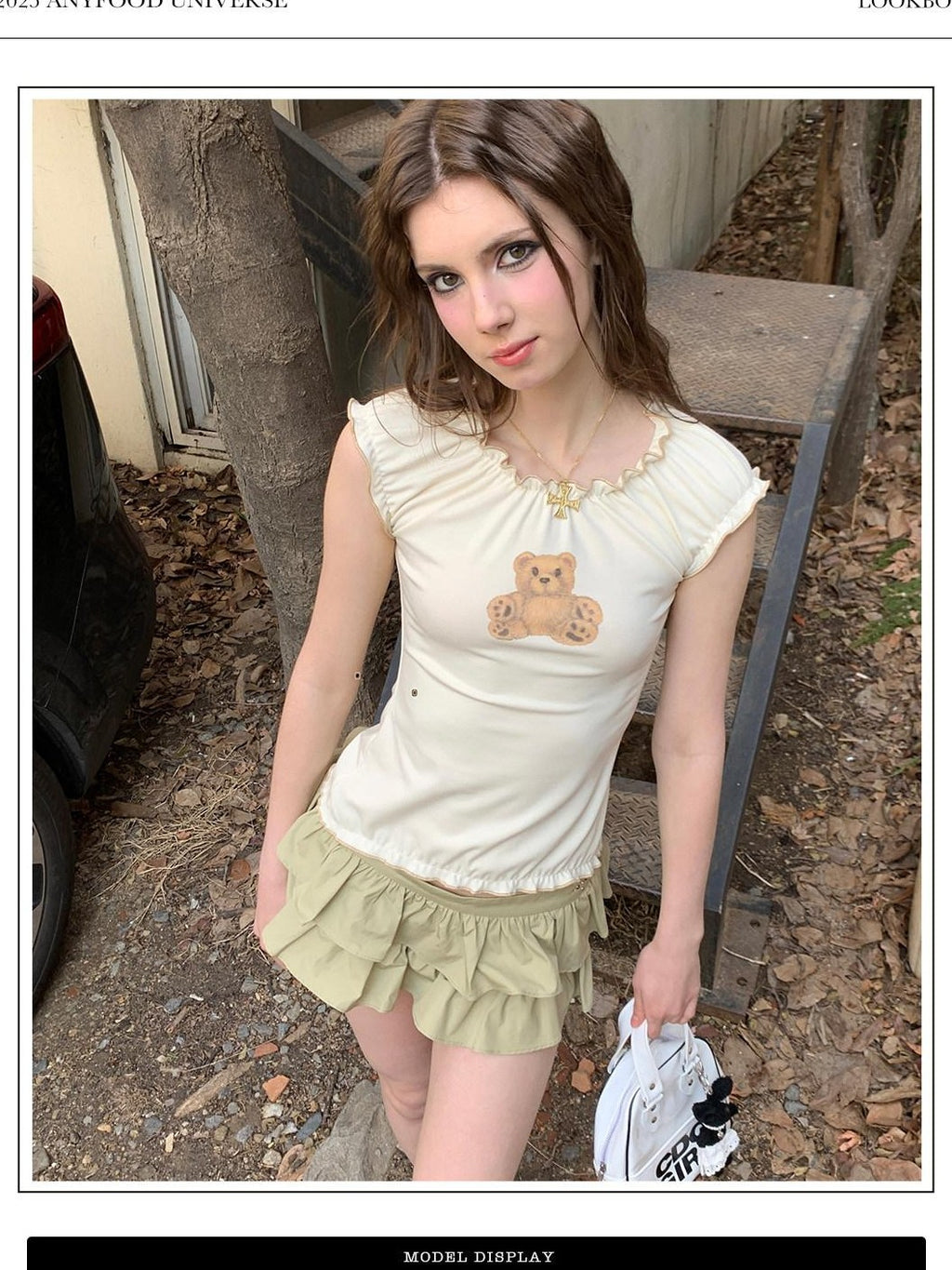 UNIVERSE Cute Bear Cross Print Slim Fit Women's Viscose Blend Short Sleeve T-shirts