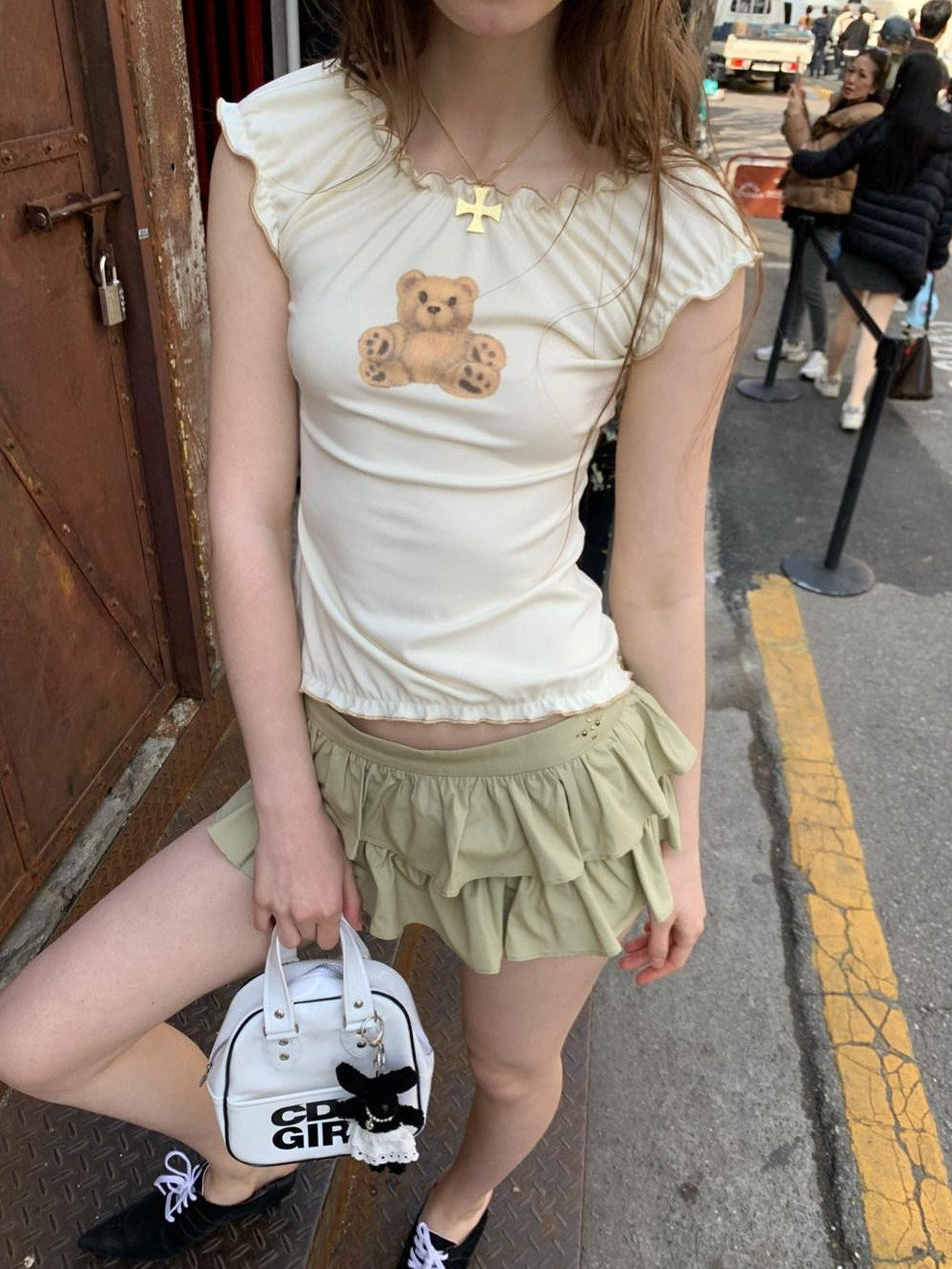 UNIVERSE Cute Bear Cross Print Slim Fit Women's Viscose Blend Short Sleeve T-shirts