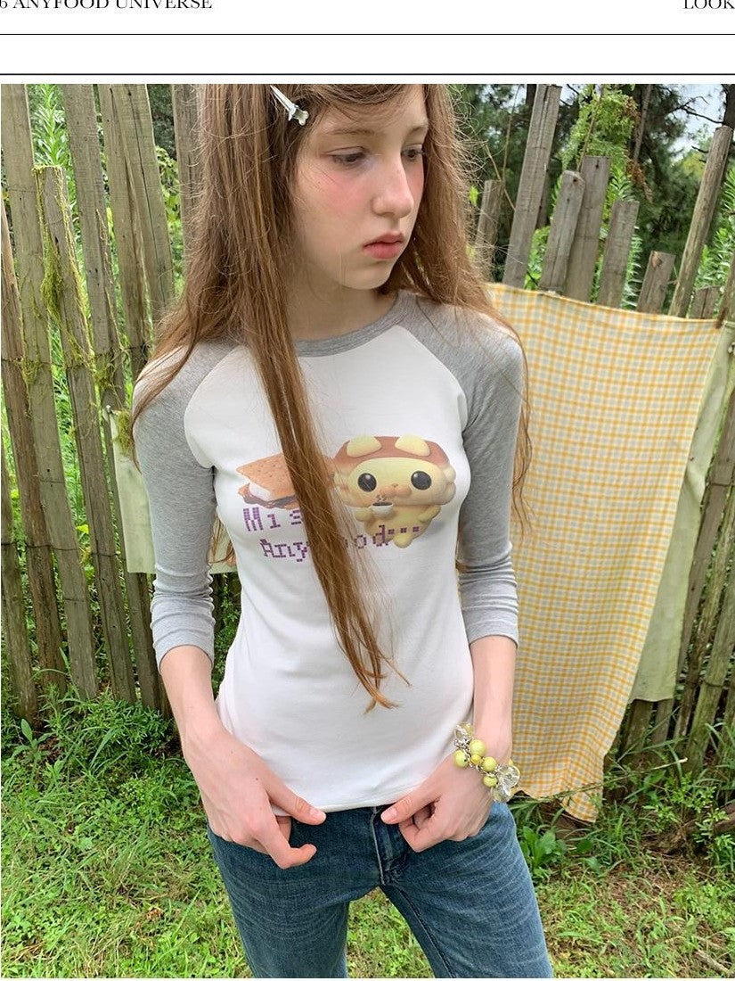 UNIVERSE Cute Cartoon Print Color Block Print Women's Slim Fit Raglan Long Sleeve T-shirts