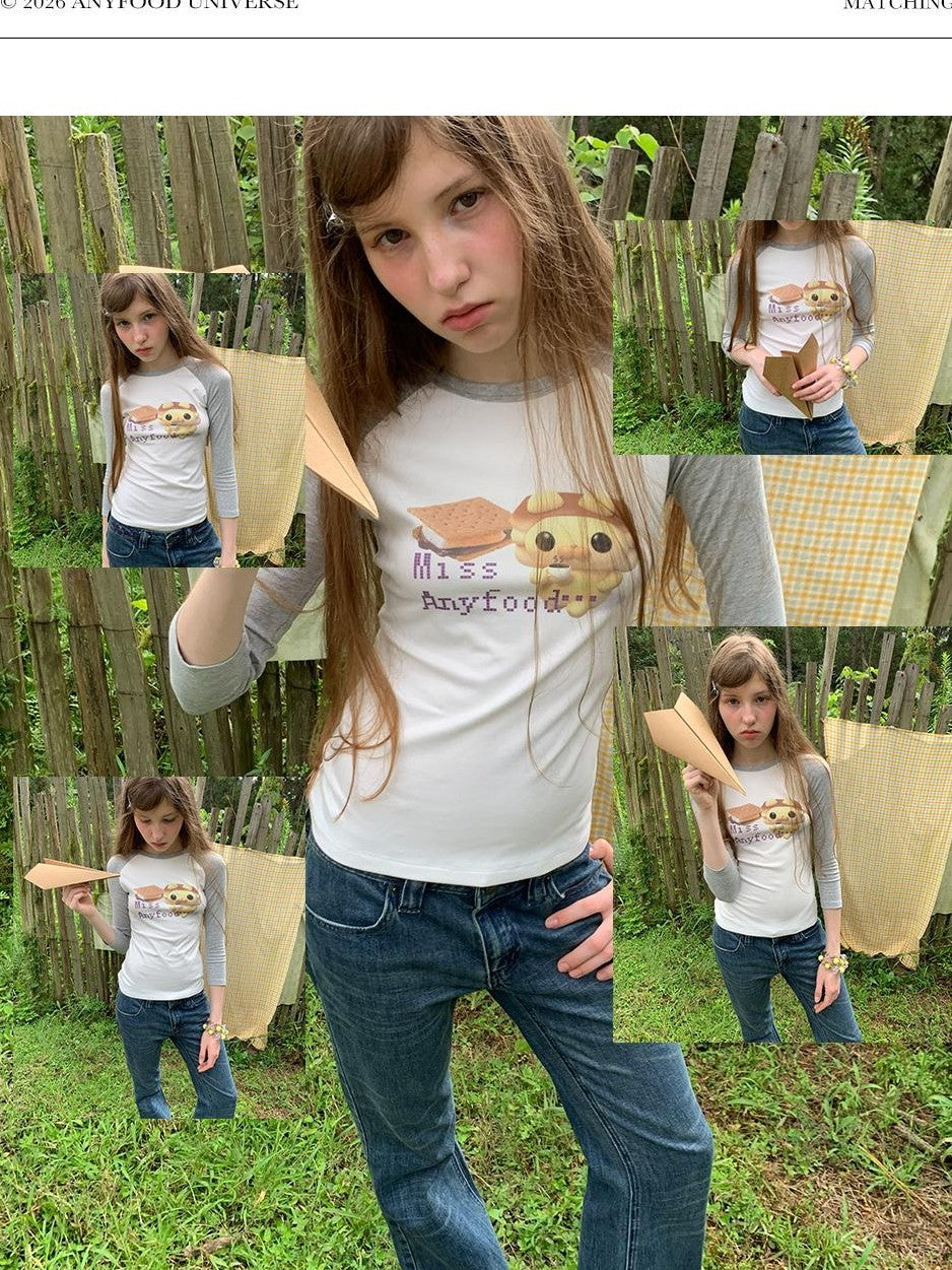 UNIVERSE Cute Cartoon Print Color Block Print Women's Slim Fit Raglan Long Sleeve T-shirts