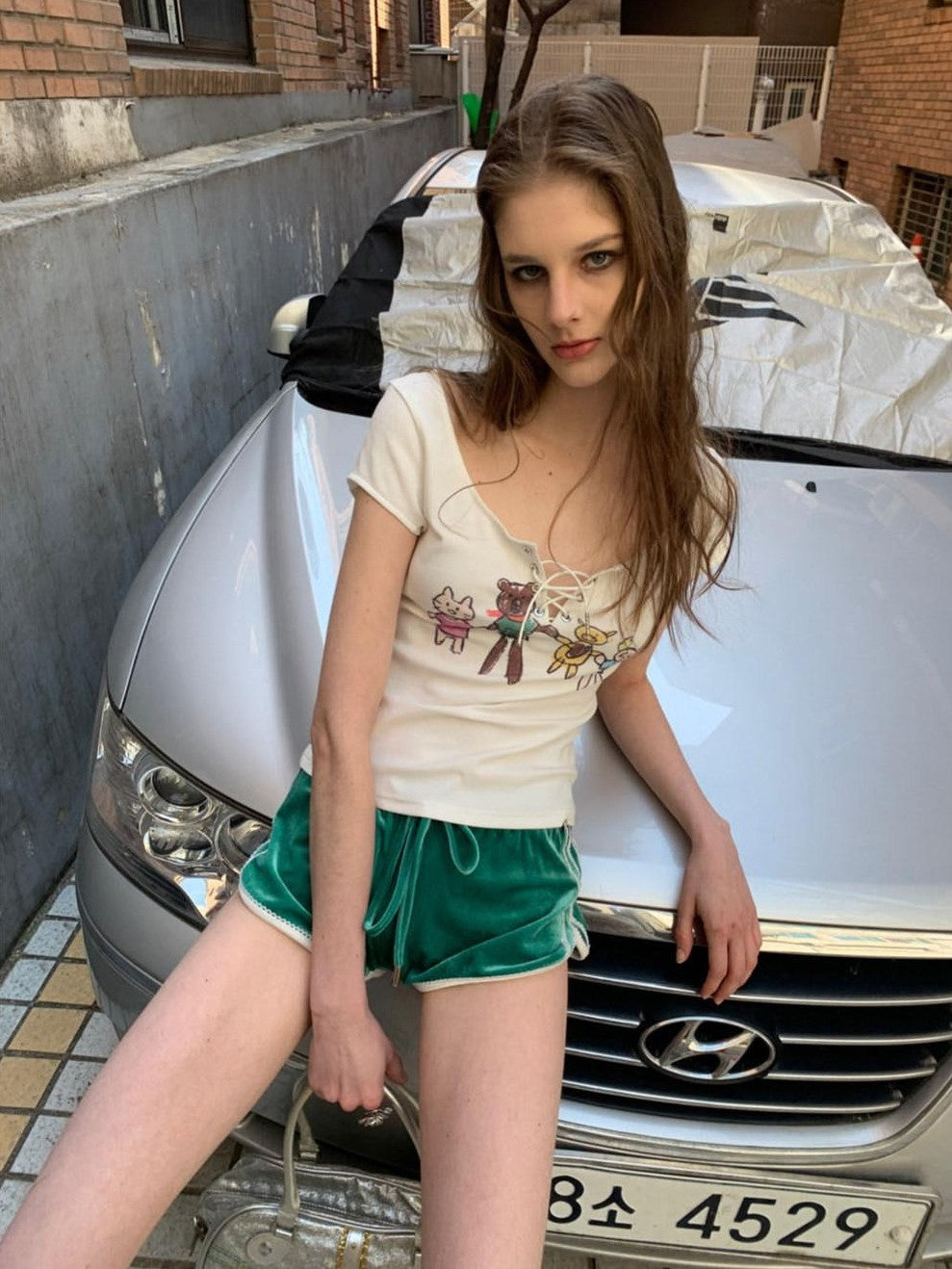 UNIVERSE Cute Cartoon Printed Tie Slim Fit Women's Combed Cotton Short Sleeve T-shirts
