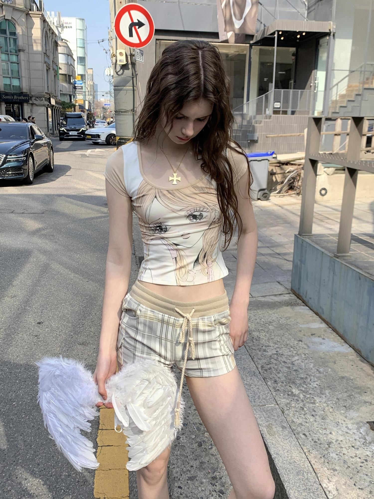 UNIVERSE Daisy Green White Check Vintage Slim Elastic Waist Women's Cotton Sweat Shorts