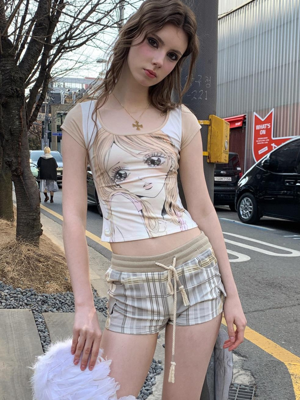 UNIVERSE Daisy Green White Check Vintage Slim Elastic Waist Women's Cotton Sweat Shorts
