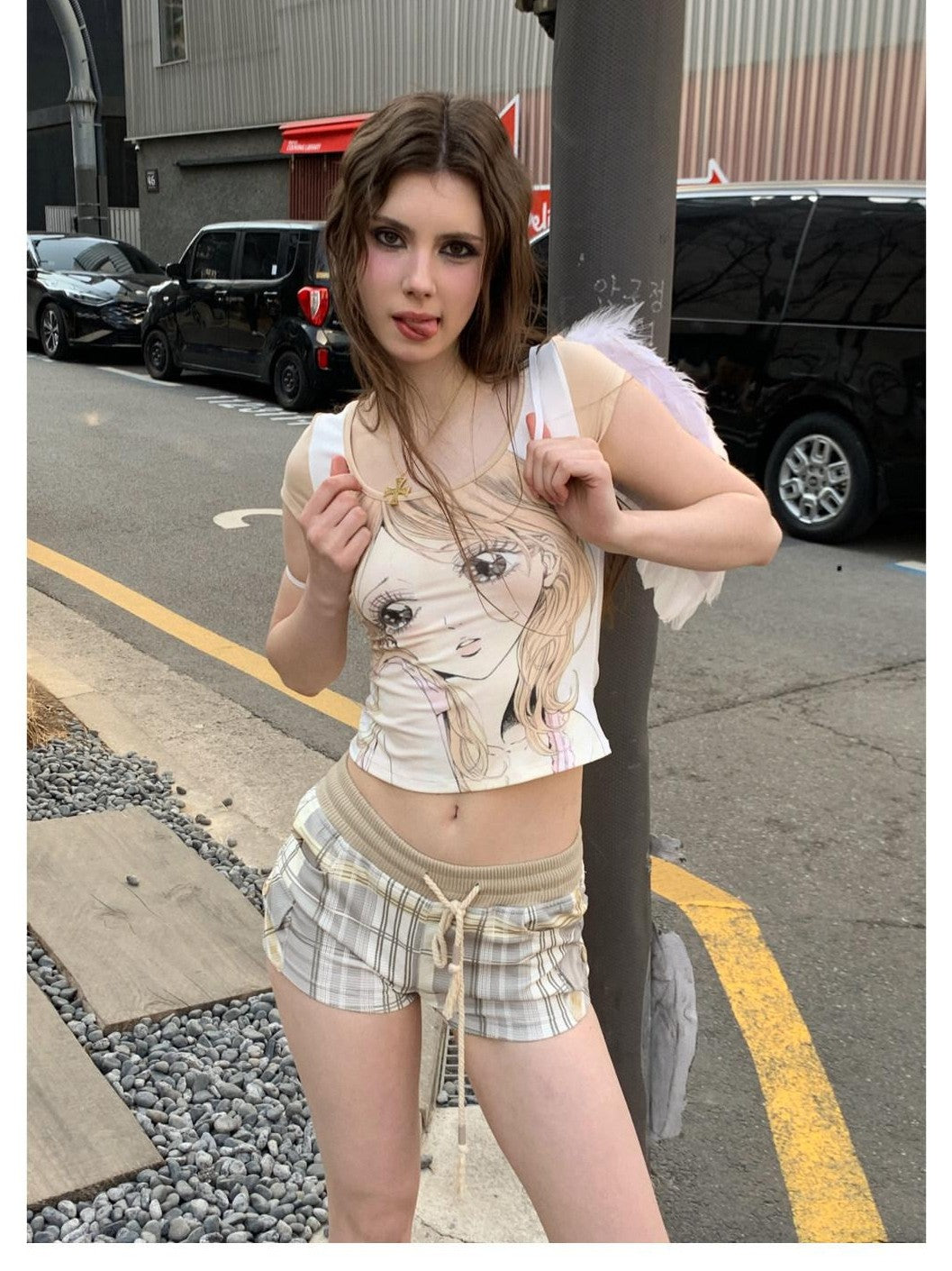 UNIVERSE Daisy Green White Check Vintage Slim Elastic Waist Women's Cotton Sweat Shorts