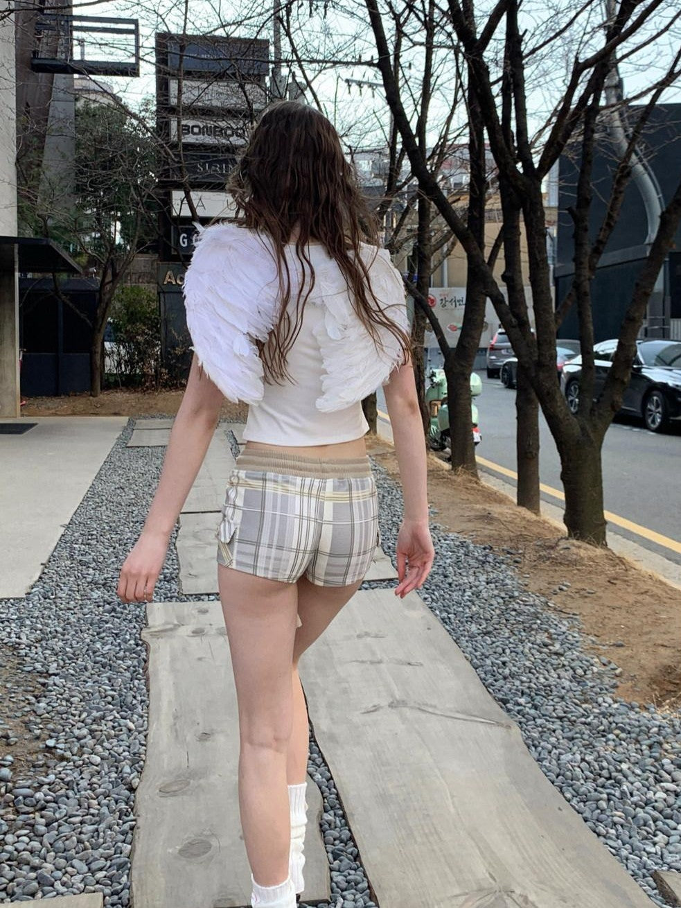 UNIVERSE Daisy Green White Check Vintage Slim Elastic Waist Women's Cotton Sweat Shorts