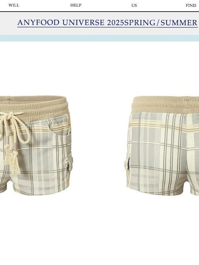 UNIVERSE Daisy Green White Check Vintage Slim Elastic Waist Women's Cotton Sweat Shorts