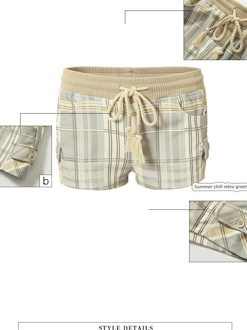 UNIVERSE Daisy Green White Check Vintage Slim Elastic Waist Women's Cotton Sweat Shorts