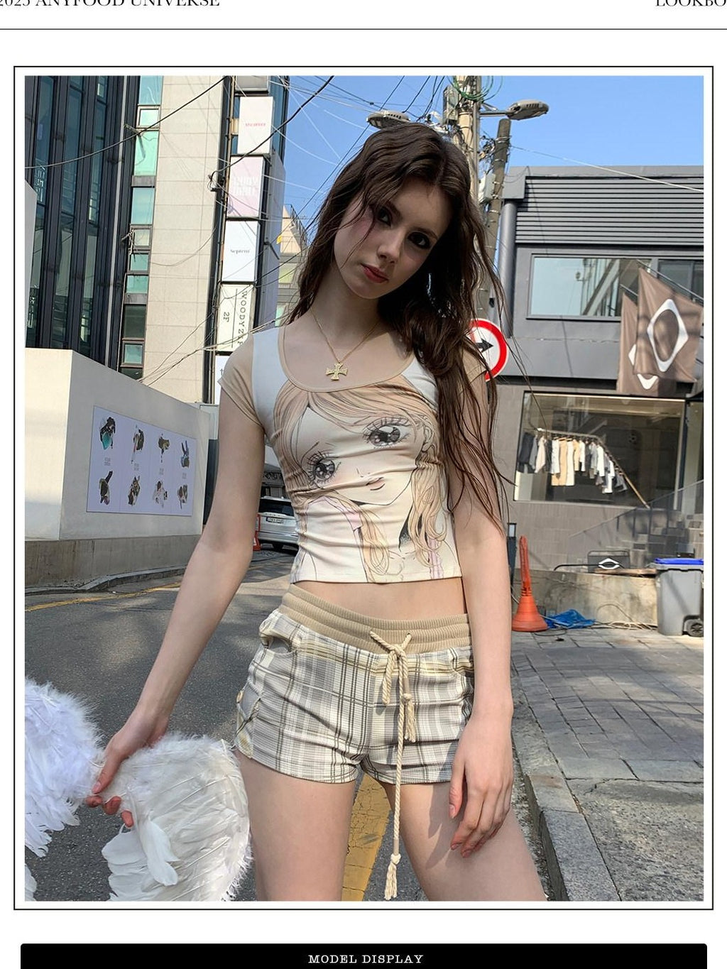 UNIVERSE Daisy Green White Check Vintage Slim Elastic Waist Women's Cotton Sweat Shorts