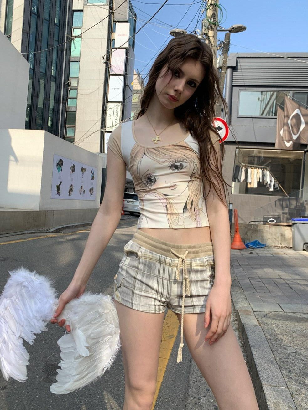 UNIVERSE Daisy Green White Check Vintage Slim Elastic Waist Women's Cotton Sweat Shorts