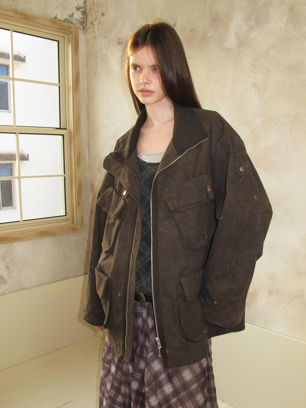 UNIVERSE Distressed Paint Splatter Multi Pocket Lapel Women's Cotton Utility Jackets