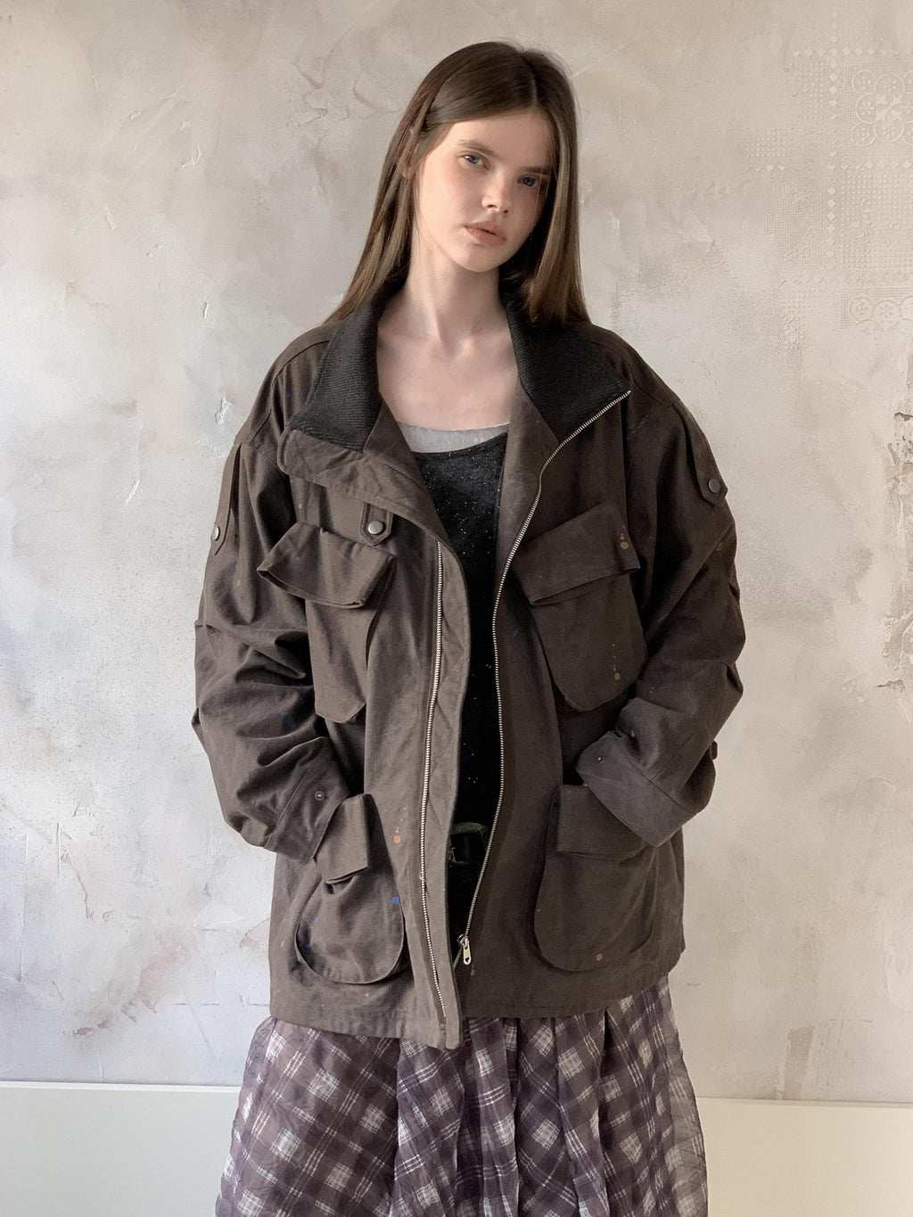 UNIVERSE Distressed Paint Splatter Multi Pocket Lapel Women's Cotton Utility Jackets