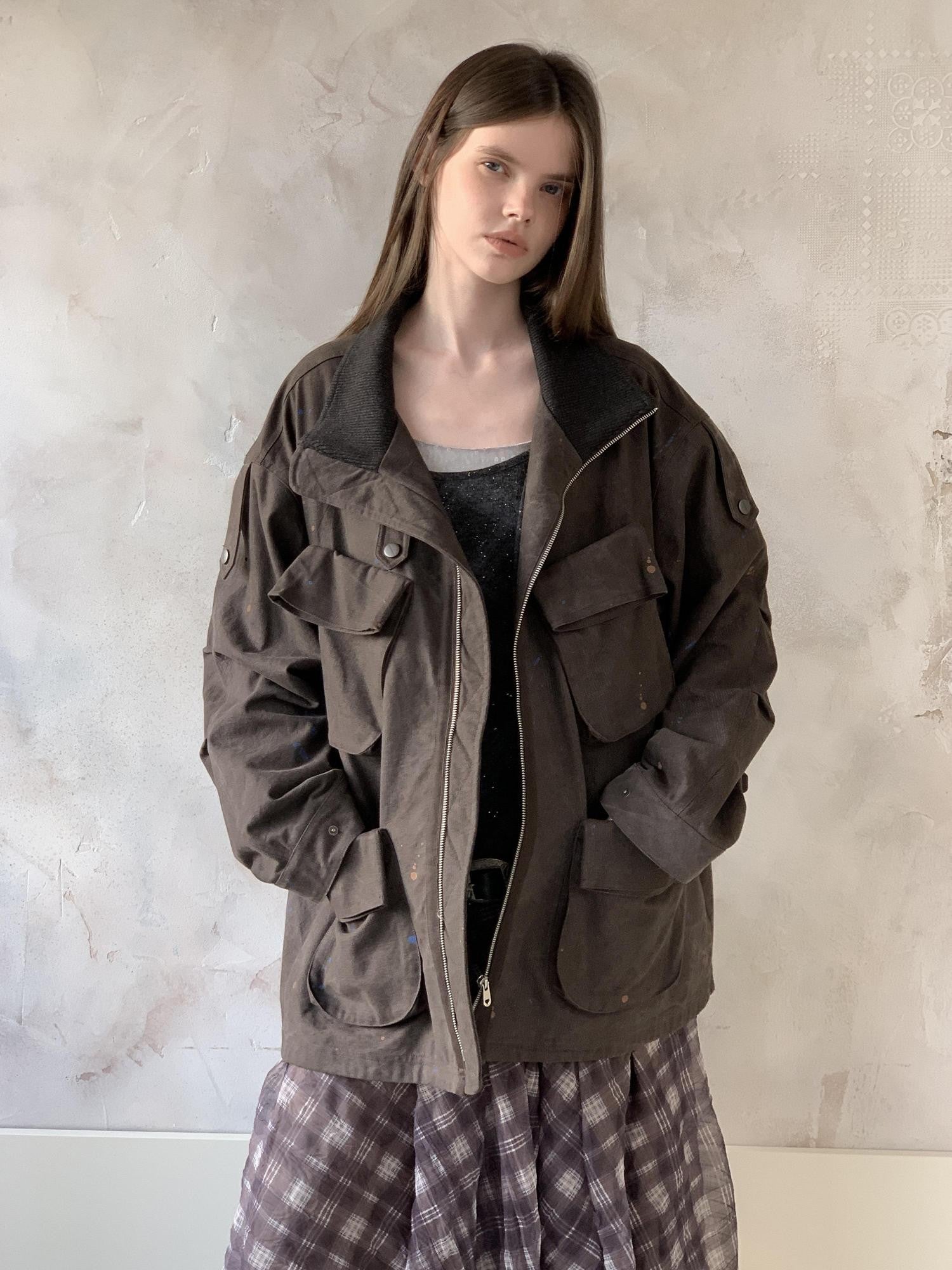 UNIVERSE Distressed Paint Splatter Multi Pocket Lapel Women's Cotton Utility Jackets