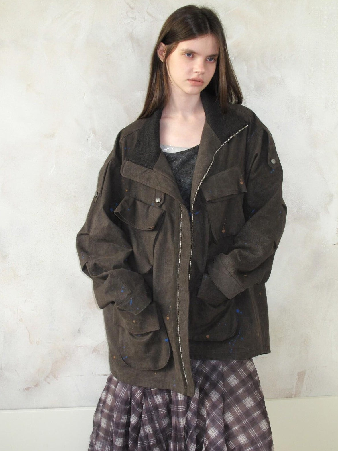 UNIVERSE Distressed Paint Splatter Multi Pocket Lapel Women's Cotton Utility Jackets