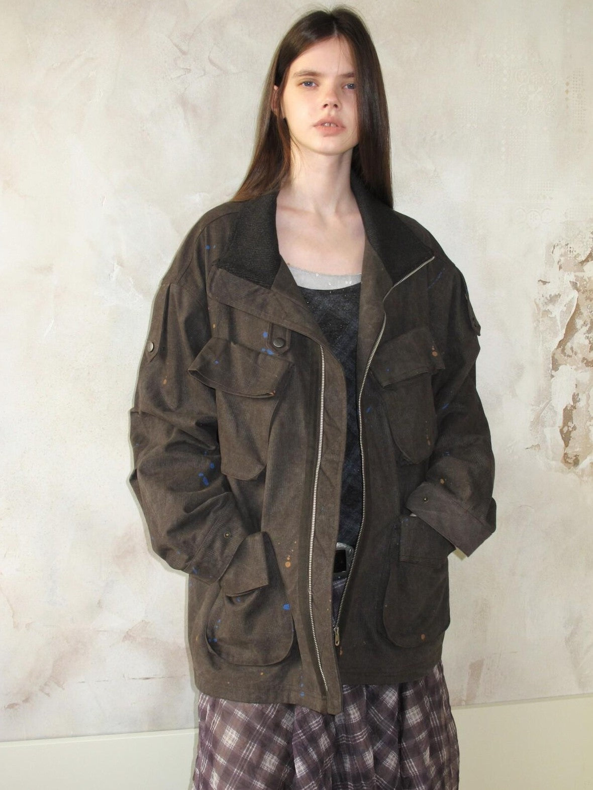 UNIVERSE Distressed Paint Splatter Multi Pocket Lapel Women's Cotton Utility Jackets