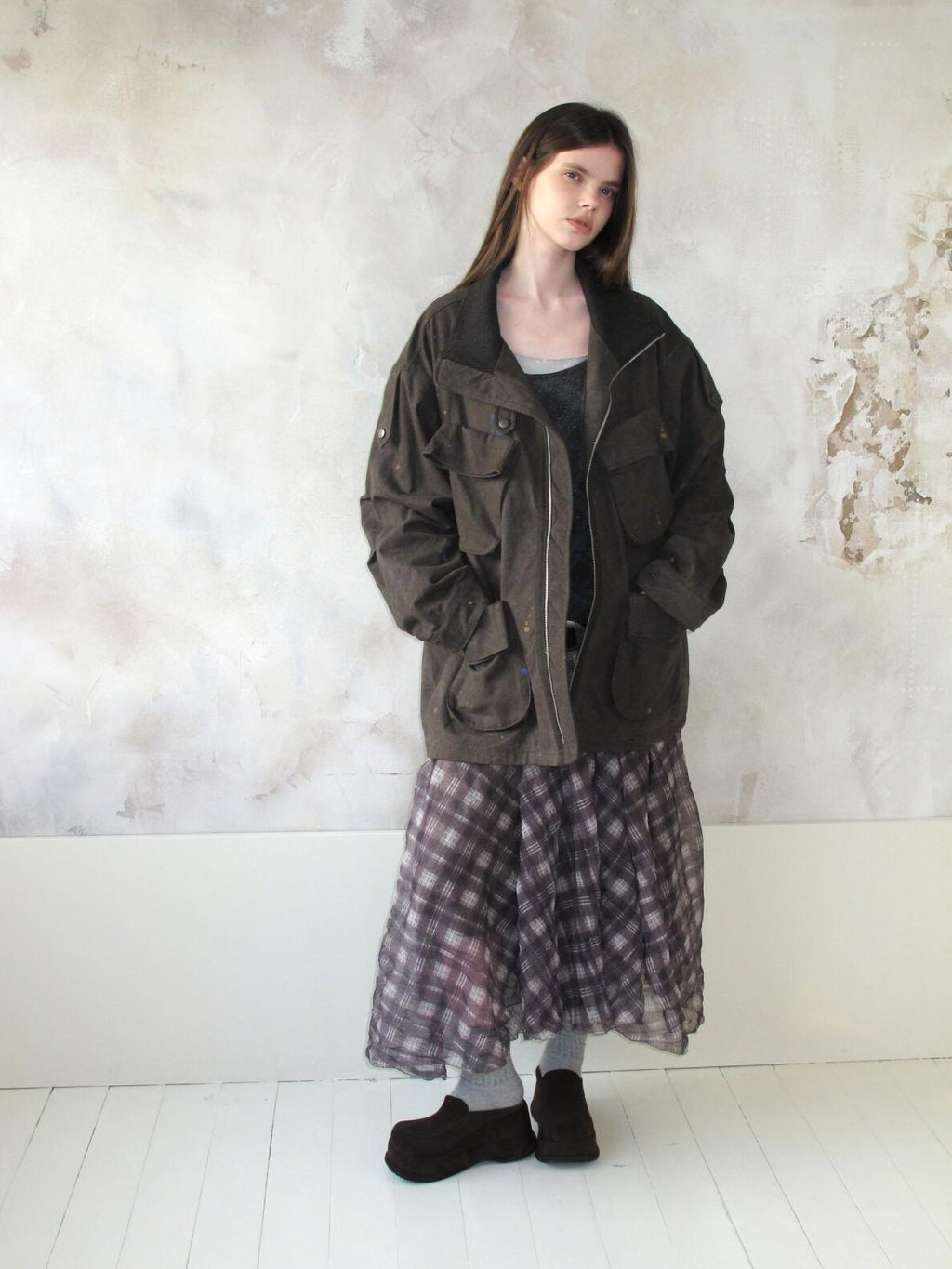 UNIVERSE Distressed Paint Splatter Multi Pocket Lapel Women's Cotton Utility Jackets