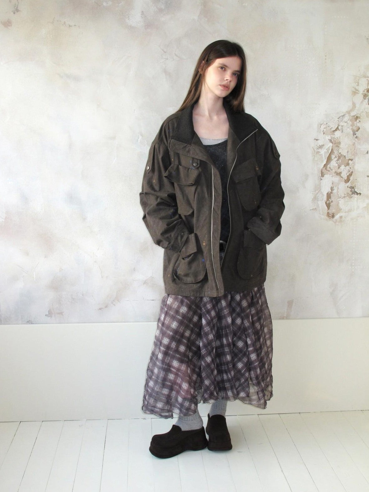 UNIVERSE Distressed Paint Splatter Multi Pocket Lapel Women's Cotton Utility Jackets